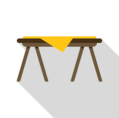 Poster - Simple wooden table with yellow tablecloth casting a long shadow, ideal for minimalist or rustic interior design concepts