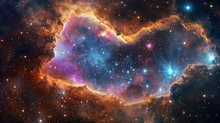 Wall Mural - Vibrant And Colorful Outer Space Nebula Wallpaper with Expansive Swirling Clouds Of Gas And Dust With Deep Blues, Purples, And Fiery Oranges, Illuminated Edges, And Bright Scattered Stars