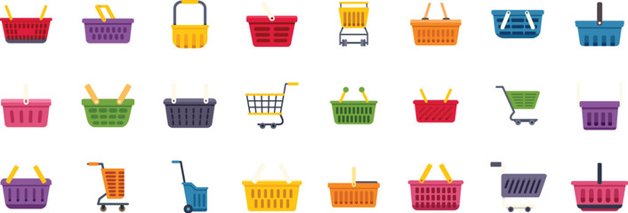 Canvas Print - Colorful shopping baskets and carts, symbolizing retail, consumerism, and purchasing power