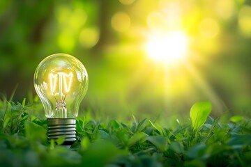 Wall Mural - a light bulb sitting on grass with sunlight shining in the background, symbolizing innovation and th
