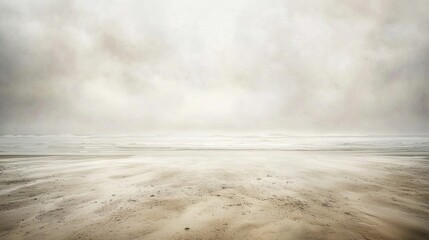 Aufkleber - Gentle waves wash ashore on a tranquil beach, enveloped in early morning mist. The muted colors blend seamlessly as clouds drift lazily, creating a serene atmosphere