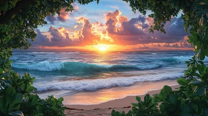 Poster - Beach sunset nature concept. A tropical sunset over the ocean viewed through lush green foliage.