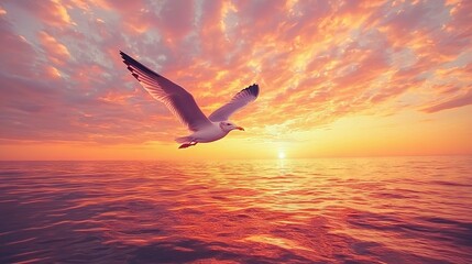 Wall Mural -  A seagull soaring above the ocean's horizon as the sun descends into the sky