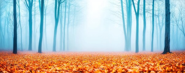 Poster - Misty forest nature idea. Misty forest landscape with vibrant autumn leaves and soft light creating a dreamy scene.