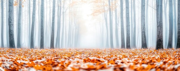 Aufkleber - Misty forest nature idea. A tranquil autumn forest scene with misty trees and fallen leaves creating a serene atmosphere.