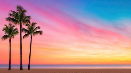 Poster - Beach sunset nature concept. Breathtaking sunset with palm trees silhouetted against a colorful sky.