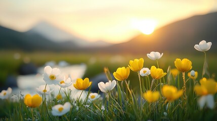 Wall Mural -   A field of yellow and white flowers adjacent to a body of water with the sun behind distant mountains during sunset