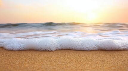 Poster - Beach sunset nature concept. Serene beach scene with gentle waves lapping at golden sand during sunset.