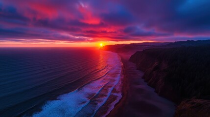 Wall Mural - Fiery Sunset over Coastal Cliffs and Ocean Waves