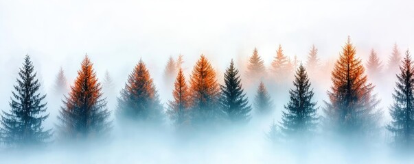 Poster - Misty forest nature idea. Misty forest landscape with tall trees and autumn colors, creating a serene atmosphere.
