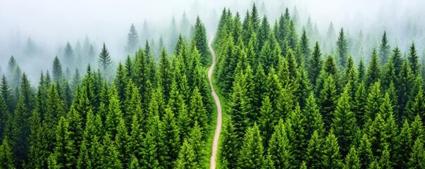 Poster - Misty forest nature idea. Lush green forest landscape with dense trees and winding path through misty scenery.