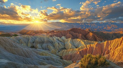 Poster - Mountains landscape nature idea. Breathtaking sunset over colorful canyon with dramatic clouds and golden light.
