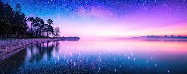 Poster - Starry skies nature concept. A serene lake at twilight, reflecting vibrant colors of the sky and trees.