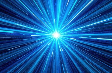 Abstract blue light speed background with laser rays and glowing flare in the center, motion blur effect