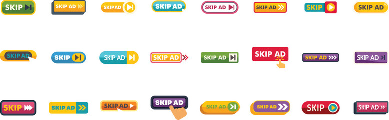 Poster - colorful set of skip ad buttons, enabling users to bypass online advertisements