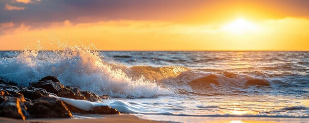 Aufkleber - Beach sunset nature concept. Vibrant sunset over the ocean with waves crashing on rocky shore.