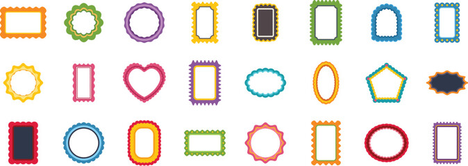 Poster - diverse collection of vibrant, scalloped edge picture frames in various shapes and colors, offering 