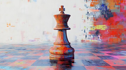 A single king chess piece stands on a vibrant, abstract chessboard.