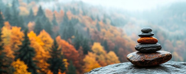 Aufkleber - Mountains landscape nature idea. Serene stack of stones in a tranquil autumn landscape with colorful foliage.