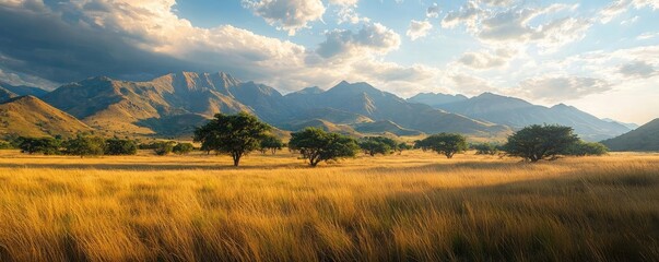 Poster - Mountains landscape nature idea. Stunning sunset over rolling hills, with vibrant colors and serene grasslands.