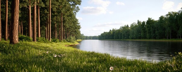Poster - Riverside scenes nature concept. Tranquil riverside scene with lush greenery and tall trees under a clear blue sky.
