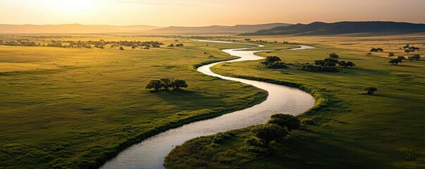 Poster - Riverside scenes nature concept. A breathtaking view of a winding river surrounded by lush green fields during sunset.