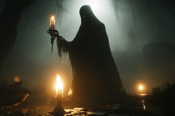 Poster - A Gothic depiction of a mysterious figure extinguishing a candle in a shadowy room, with eerie light and ornate details on the candlestick
