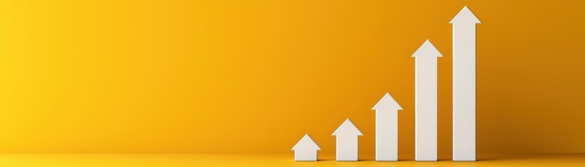 Poster - A minimalistic image showing white upward arrows on a vibrant yellow background, symbolizing growth and progress.