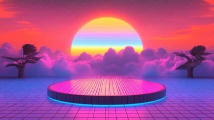 Wall Mural - 502. colorful neon podium product on cloud and colorful sky background, geometric shape for product 