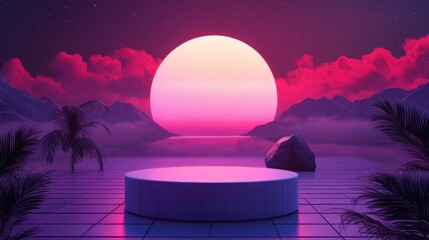 Wall Mural - 502. colorful neon podium product on cloud and colorful sky background, geometric shape for product 