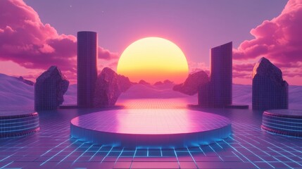 Wall Mural - 502. colorful neon podium product on cloud and colorful sky background, geometric shape for product 