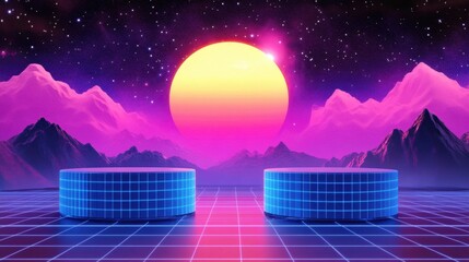 Wall Mural - 502. colorful neon podium product on cloud and colorful sky background, geometric shape for product 