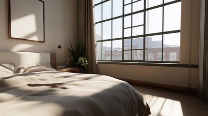 Wall Mural - A bedroom with a bed, a nightstand, and a potted plant. The room is bright and sunny, with a large window letting in plenty of natural light. The bed is neatly made