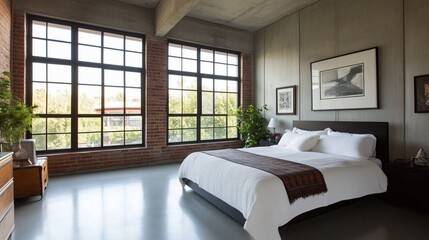 Wall Mural - A large bed with a white comforter and a brown blanket is in a room with a window