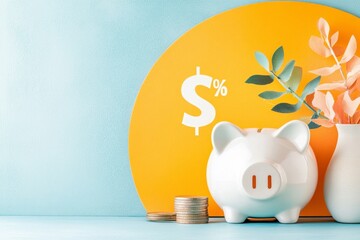 Poster - A colorful, playful design showing a piggy bank with percentages floating around it, symbolizing the effect of interest rates on savings