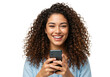 © stock.metket.com - Portrait of a happy woman using mobile phone isolated on white background, no depth of field, sharp.