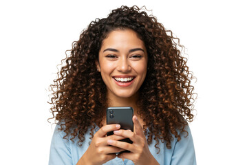 portrait of a happy woman using mobile phone isolated on white background, no depth of field, sharp.
