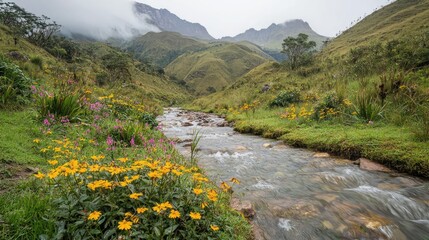 Poster - Mountains landscape nature idea. Serene river flows through vibrant wildflowers in a lush mountainous landscape.