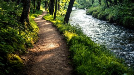 Aufkleber - Riverside scenes nature concept. A serene pathway along a river, surrounded by lush trees and vibrant greenery.