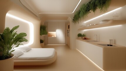 Wall Mural - A white bedroom with a bed and a plant. The room is very clean and organized. The bed is made and the plant is placed on a table. The room has a minimalist and modern design