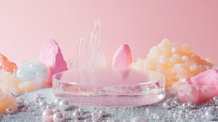 Aufkleber - In a captivating arrangement, delicate pastel shapes and translucent elements create an otherworldly ambiance, inviting exploration and imagination in a serene pink environment