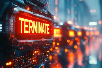 Fototapete - A dramatic image of a computer screen displaying the word â€œTERMINATEâ€ in bold red letters during a hacking scene