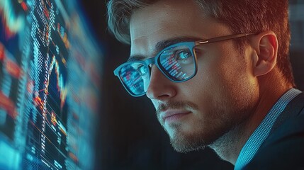 A cybersecurity analyst working in a high-tech environment, sitting at a desk with multiple monitors displaying lines of code, digital security graphs, and futuristic interface elements.