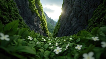 Poster - Mountains landscape nature idea. A serene valley with lush greenery and blooming flowers illuminated by sunlight.