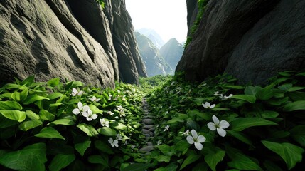 Poster - Mountains landscape nature idea. A serene pathway through vibrant greenery and blooming flowers in a tranquil landscape.
