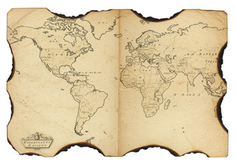old paper or map with burnt edges isolated on white background, no depth of field, sharp.