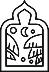 Poster - line art illustration of a moroccan window with crescent moon, palm trees and night sky