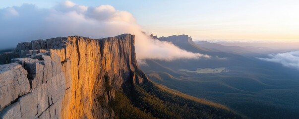 Poster - Mountains landscape nature idea. Stunning sunset view of a rocky cliff overlooking a vast green valley and clouds.
