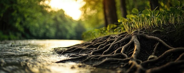 Poster - Riverside scenes nature concept. Serene river scene with tree roots and lush greenery illuminated by soft sunlight.