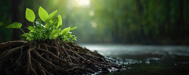 Aufkleber - Riverside scenes nature concept. A close-up of vibrant green plants with roots emerging from water in a serene setting.